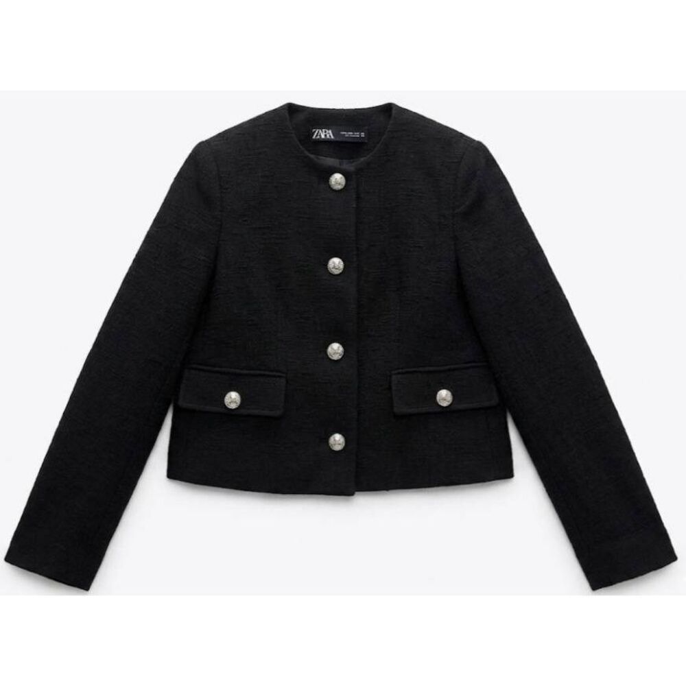 Zara Black Cropped Bouclé Blazer with Decorative Buttons
